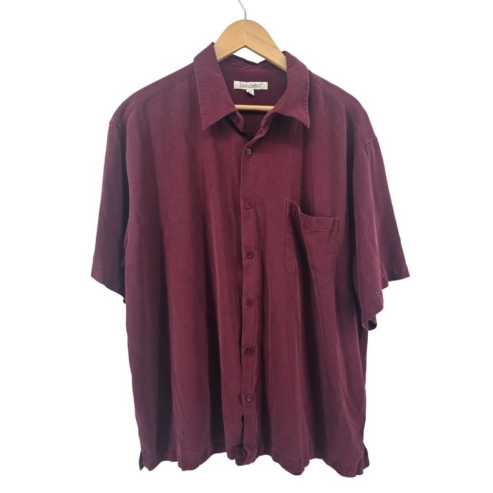 TravelSmith Silk Shirt Mens XXL 7697 Burgundy Textured Button Down EUC